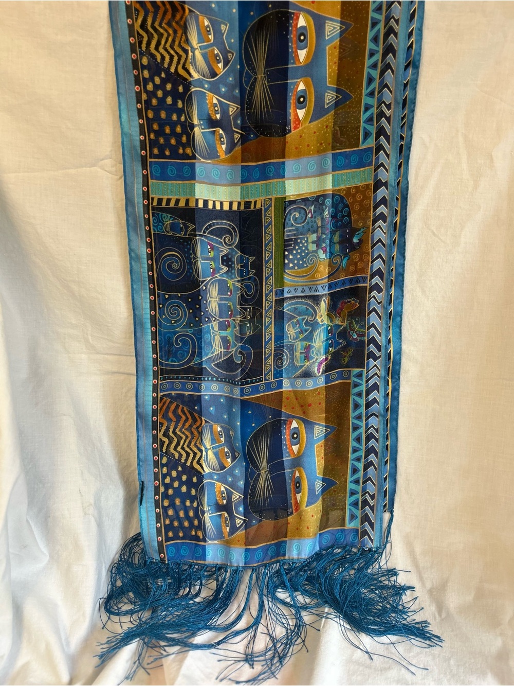 Laurel Burch Blue Fringe Indigo Cats Silk Scarf